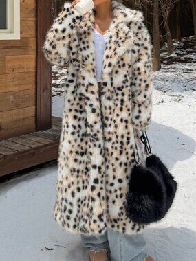 Multicolor Preppy Women's Leopard Print Faux Fur Loose Fit Midi Coat